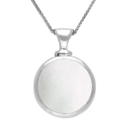 9ct White Gold Whitby Jet White Mother Of Pearl Double Sided Round Dinky Fob Necklace, P218.