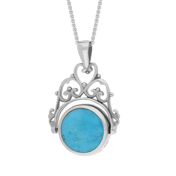 9ct White Gold Whitby Jet Turquoise Double Sided Round Swivel Fob Necklace, P110_2_3.