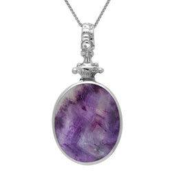 9ct White Gold Blue John White Mother Of Pearl Double Sided Oval Fob Necklace, P100.