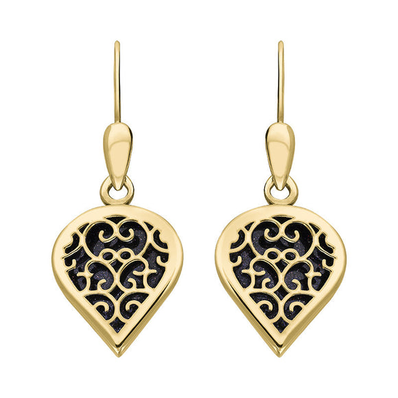 9ct Yellow Gold Blue Goldstone Flore Filigree Heart Drop Earrings. E2588.