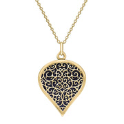 9ct Yellow Gold Blue Goldstone Flore Filigree Large Heart Necklace. P3631.