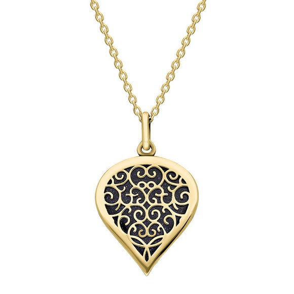9ct Yellow Gold Blue Goldstone Flore Filigree Medium Heart Necklace. P3630.