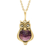 9ct Yellow Gold Blue John Marcasite Small Owl Necklace, P2325.