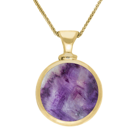 9ct Yellow Gold Blue John White Mother Of Pearl Double Sided Round Dinky Fob Necklace, P218.