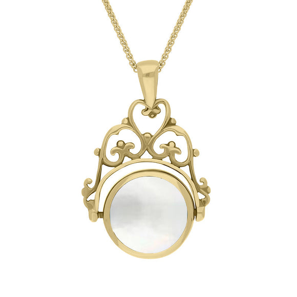 9ct Yellow Gold Blue John Mother Of Pearl Double Sided Round Swivel Fob Necklace, P110_2.
