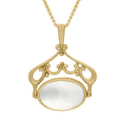 9ct Yellow Gold Blue John Mother Of Pearl Ornate Double Sided Oval Swivel Fob Necklace, P116_8_2.