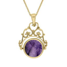 9ct Yellow Gold Blue John Whitby Jet Double Sided Round Swivel Fob Necklace, P110_2.