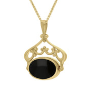 9ct Yellow Gold Blue John Whitby Jet Ornate Double Sided Oval Swivel Fob Necklace, P116_8_3.
