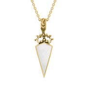 9ct Yellow Gold Blue John White Mother Of Pearl Double Sided Scroll Top Dagger Fob Necklace, P423_2.