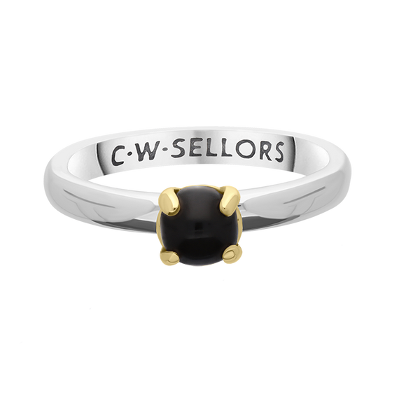 9ct Yellow Gold Sterling Silver Whitby Jet Stepping Stones 5mm Round Claw Set Ring R572_3