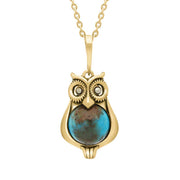9ct Yellow Gold Turquoise Marcasite Small Owl Necklace, P2325.