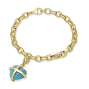 9ct Yellow Gold Turquoise Medium Cross Heart Charm Bracelet, B1210