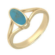 9ct Yellow Gold Turquoise Oval Split Shoulder Ring. R114.