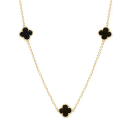 9ct Yellow Gold Whitby Jet Bloom Four Leaf Clover Ball Edge Necklace