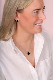 9ct Yellow Gold Whitby Jet Bloom Four Leaf Clover Ball Edge Stud Earrings