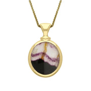 9ct Yellow Gold Whitby Jet Blue John Small Double Sided Oval Fob Necklace, P219.