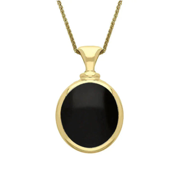 9ct Yellow Gold Whitby Jet Blue John Small Double Sided Oval Fob Necklace, P219_2.