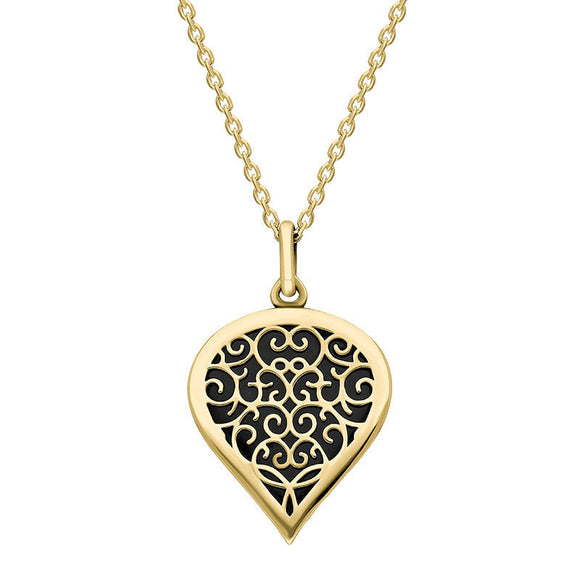 9ct Yellow Gold Whitby Jet Flore Filigree Medium Heart Necklace. P3630.