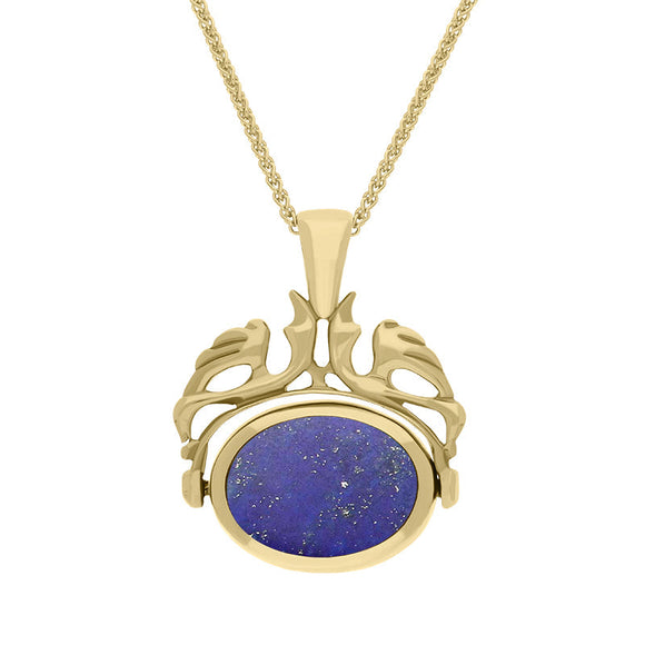 9ct Yellow Gold Whitby Jet Lapis Lazuli Double Sided Oval Swivel Fob Necklace, P104_4.
