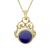 9ct Yellow Gold Whitby Jet Lapis Lazuli Double Sided Round Swivel Fob Necklace, P110_2.