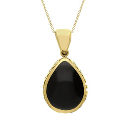 9ct Yellow Gold Whitby Jet Malachite Double Sided Celtic Edge Pear Cut Fob Necklace, P410_2.