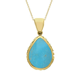 9ct Yellow Gold Whitby Jet Turquoise Double Sided Celtic Edge Pear Cut Fob Necklace, P410.
