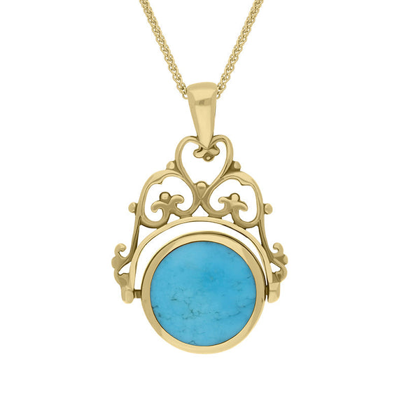 9ct Yellow Gold Whitby Jet Turquoise Double Sided Round Swivel Fob Necklace, P110_2.