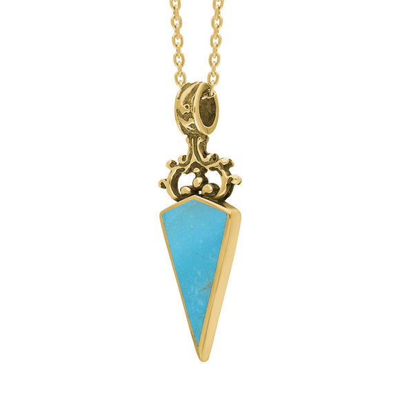 9ct Yellow Gold Whitby Jet Turquoise Double Sided Scroll Top Dagger Fob Necklace, P423_3.