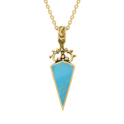 9ct Yellow Gold Whitby Jet Turquoise Double Sided Scroll Top Dagger Fob Necklace, P423.