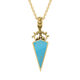 9ct Yellow Gold Whitby Jet Turquoise Double Sided Scroll Top Dagger Fob Necklace, P423.