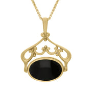 9ct Yellow Gold Whitby Jet Turquoise Ornate Double Sided Oval Swivel Fob Necklace, P116_8_2.