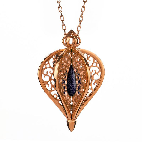 9ct Rose Gold Blue Goldstone Flore Filigree Small Necklace P2338C