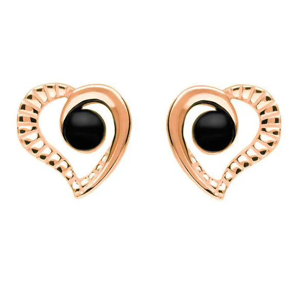 9ct Rose Gold Whitby Jet Half Ridged Heart Stud Earrings E1908