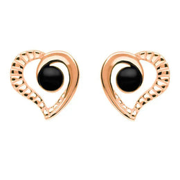 9ct Rose Gold Whitby Jet Half Ridged Heart Stud Earrings E1908