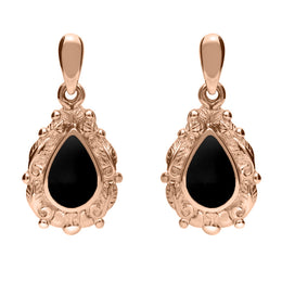 9ct Rose Gold Whitby Jet Pear Shaped Leaf Drop Earrings, E083.