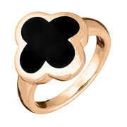  9ct Rose Gold Whitby Jet Bloom Four Leaf Clover Ring, R1182.