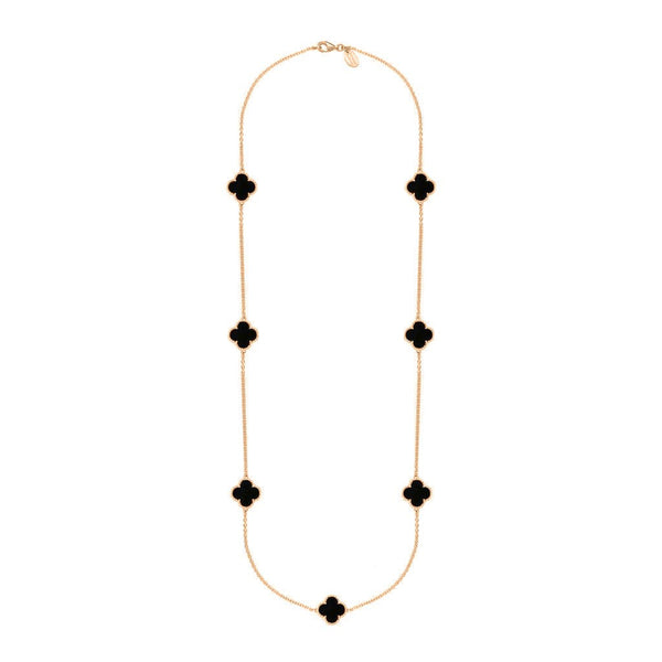 9ct Rose Gold Whitby Jet Bloom Seven Stone Four Leaf Clover Chain Necklace, N1040.