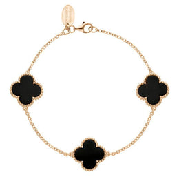 9ct Rose Gold Whitby Jet Bloom Three Stone Four Leaf Clover Ball Edge Chain Bracelet, B1153.