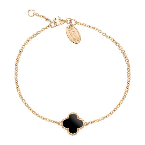  9ct Rose Gold Whitby Jet Bloom Four Leaf Clover Ball Edge Chain Bracelet, B1154.
