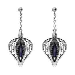9ct White Gold Blue Goldstone Flore Filigree Drop Earrings E1781