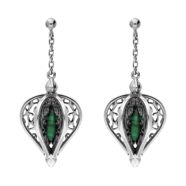 9ct White Gold Malachite Flore Filigree Drop Earrings E1781