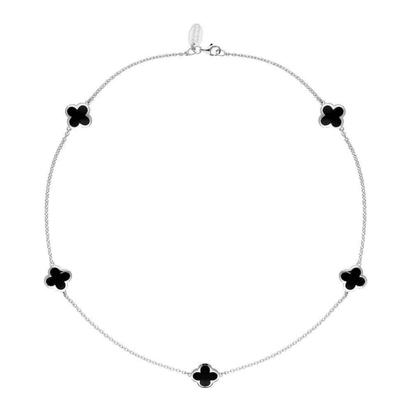 9ct White Gold Whitby Jet Bloom Four Leaf Clover Necklace, N1128.