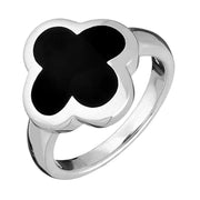 9ct White Gold Whitby Jet Bloom Four Leaf Clover Ring, R1182.