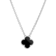 9ct White Gold Whitby Jet Bloom Small Four Leaf Clover Ball Edge Chain Necklace, N1044.