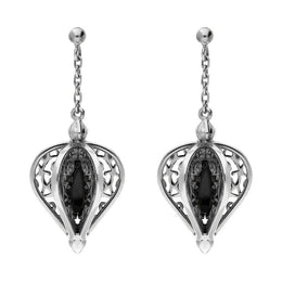 9ct White Gold Whitby Jet Flore Filigree Drop Earrings E1781