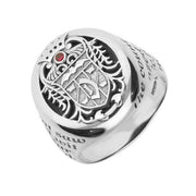 9ct White Gold Whitby Jet Ruby Dracula Crest Replica Signet Ring. R622. 