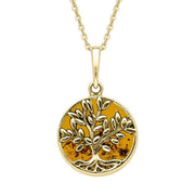 9ct Yellow Gold Amber Small Round Large Leaves Tree of Life Necklace, P3340