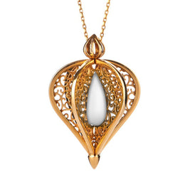 9ct Yellow Gold Bauxite Flore Filigree Droplet Necklace, P2330C.