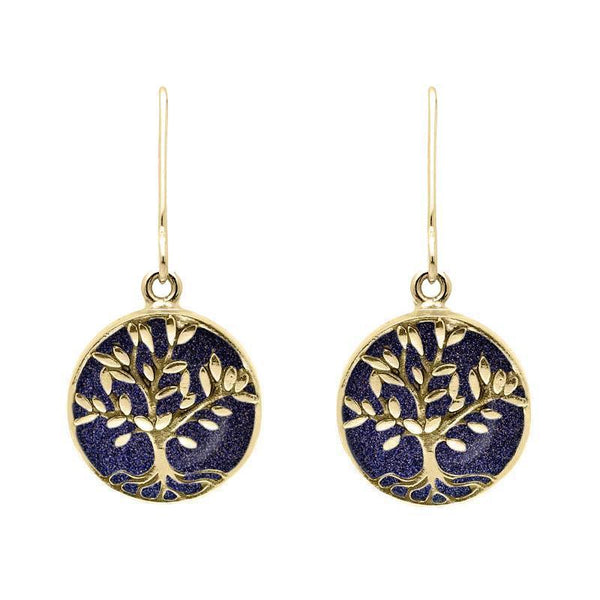 9ct Yellow Gold Blue Goldstone Round Large Tree of Life Leaves Drop Earrings, E2427