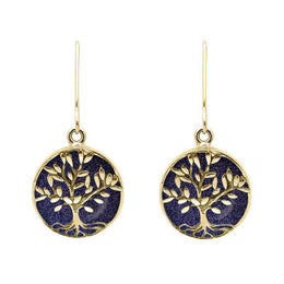 9ct Yellow Gold Blue Goldstone Round Large Tree of Life Leaves Drop Earrings, E2427